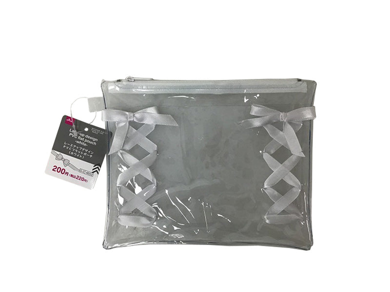 レースアップデザインPVCフラットポーチ（ホワイト）なし -100均