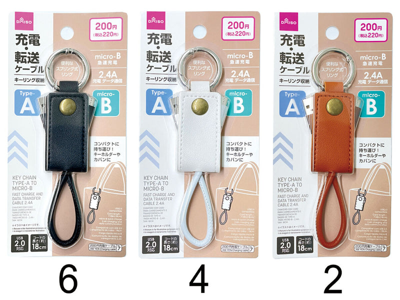 充電・転送ケーブル（キーリング収納、Ｔｙｐｅ－Ａ　－　ｍｉｃｒｏ－Ｂ）２．４Ａ、１８ｃｍ
