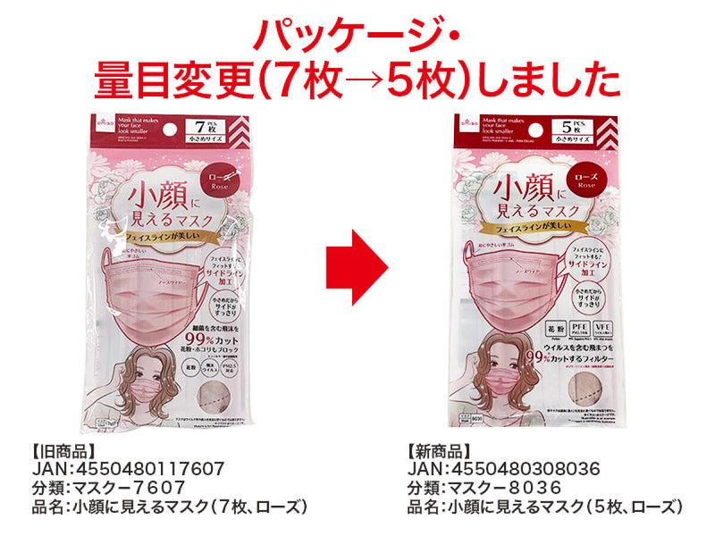 小顔に見えるマスク（５枚、ローズ）