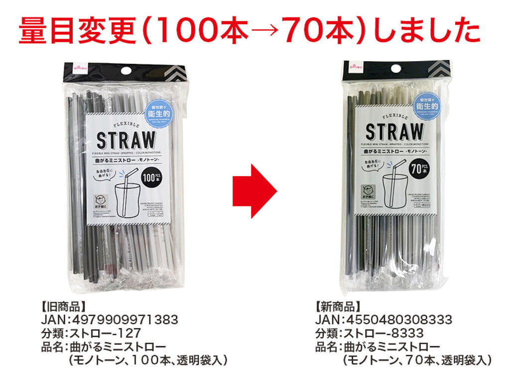 曲がるミニストロー（モノトーン、70本、透明袋入） -100均