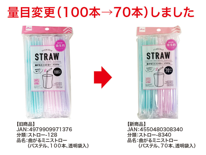 曲がるミニストロー（パステル、７０本、透明袋入）