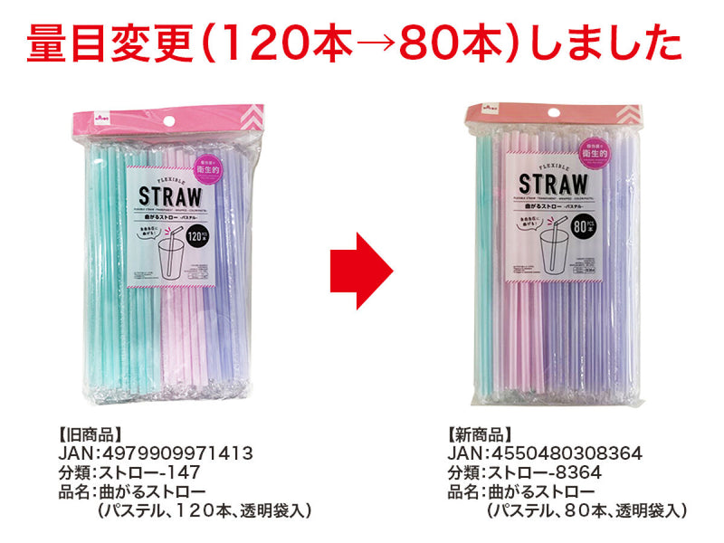 曲がるストロー（パステル、８０本、透明袋入）