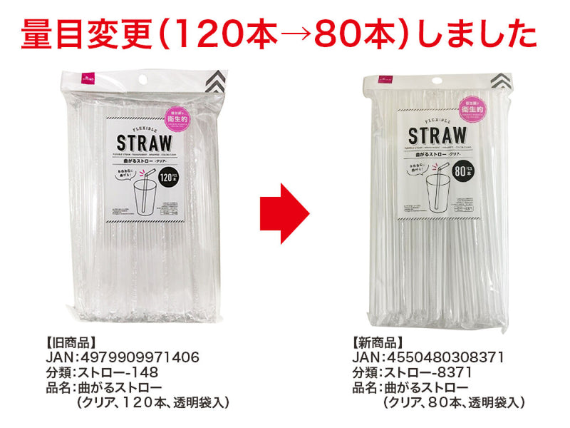 曲がるストロー（クリア、８０本、透明袋入）