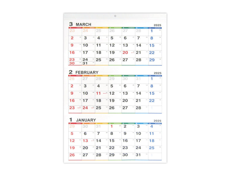 ２０２５年壁掛けカレンダー（３ヶ月ミシン目入、カラー）