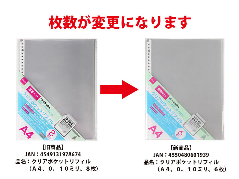 クリアポケットリフィル（Ａ４、０．１０ミリ、６枚）