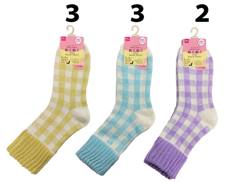 ぬくぬくルームソックス（レディース、モール糸、ギンガムチェック）