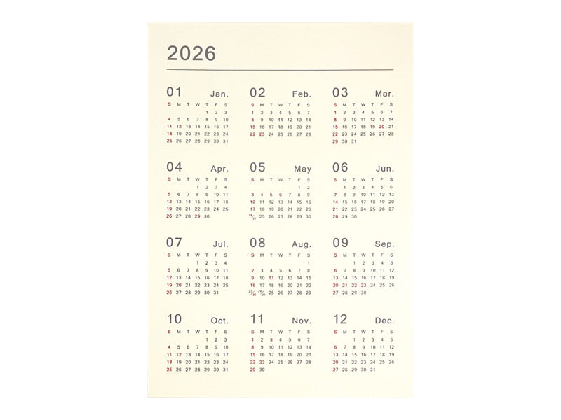 ２０２６年中判カレンダー（シンプル）なし