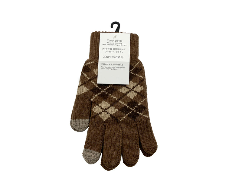 タッチ手袋（裏起毛、吸湿発熱加工、タッチ２本、アーガイル、ＢＲ）ブラウン×１個入