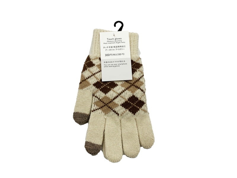 タッチ手袋（裏起毛、吸湿発熱加工、タッチ２本、アーガイル、ＩＶ）アイボリー×１個入