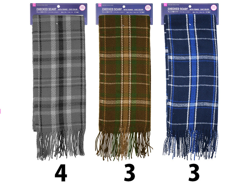 チェック柄マフラー（フリンジ付、シックカラー）