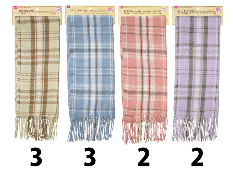 チェック柄マフラー（フリンジ付、パステルカラー）