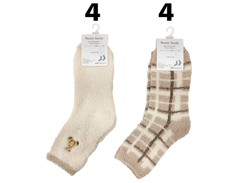ルームソックス（くま刺繍、チェック柄）