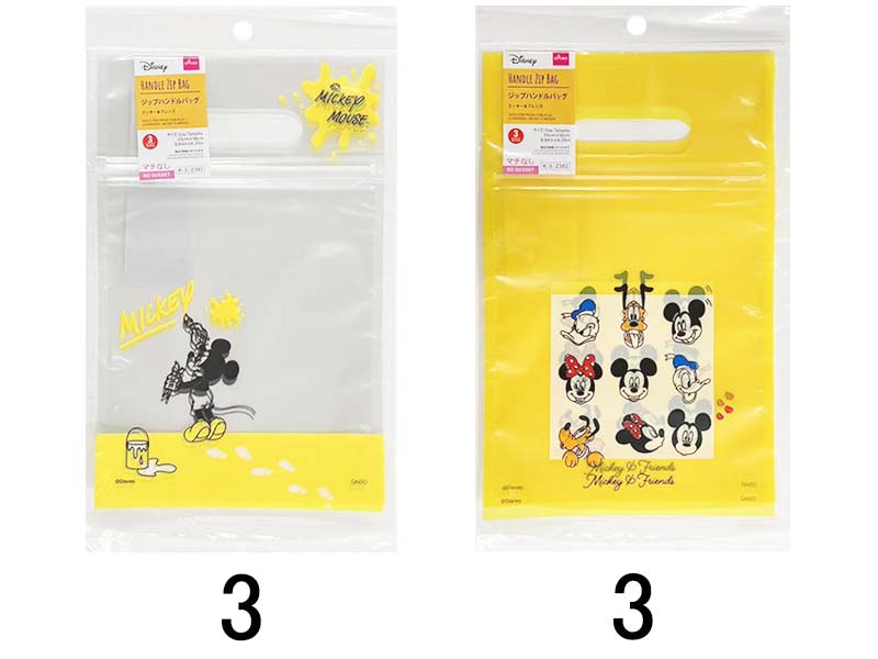 ジップハンドルバッグ、３枚（ミッキー＆フレンズ）２５ｃｍ×１６ｃｍ