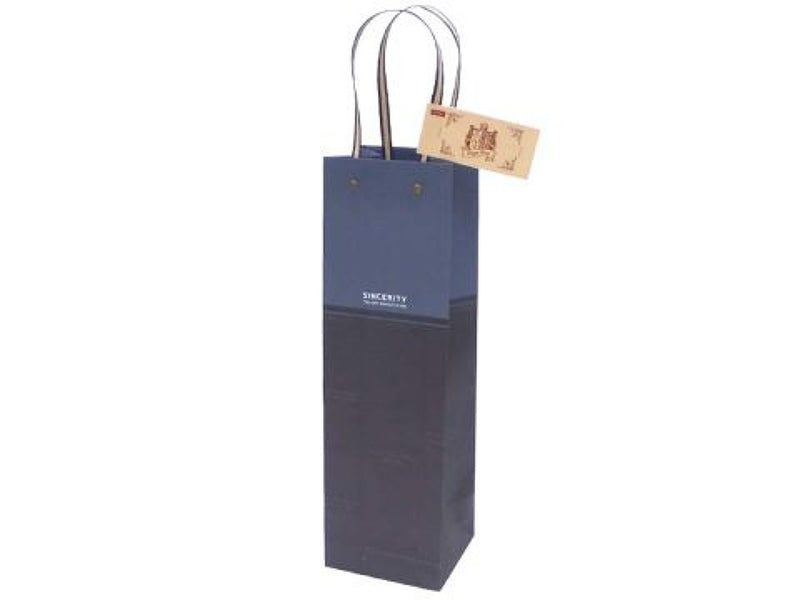紙袋（ワイン用、ブルー×英字、11×36×10cm）