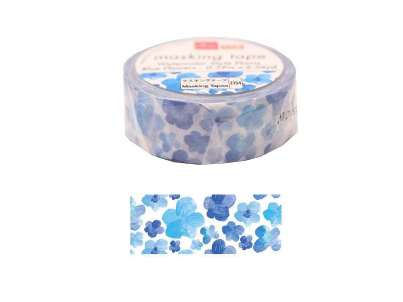 マスキングテープ（水彩画風植物、青い花、１．５ｃｍ×６ｍ）